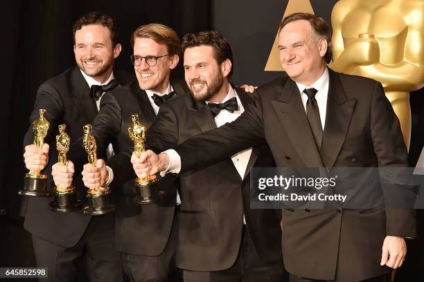 Dan Lemmon, Andrew R. Jones, Adam Valdez and Robert Legato attend the 89th Annual Academy Awards - Press Room at Hollywood & Highland Center on...