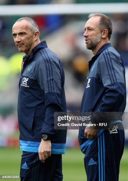 Brendan Venter, the Italy defence consultant looks on with head coach Conor O'Shea during the RBS Six Nations match between England and Italy at...