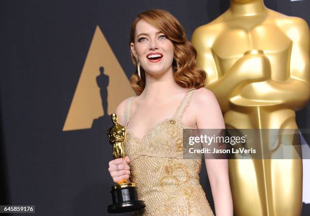 Actress Emma Stone poses in the press room at the 89th annual Academy Awards at Hollywood & Highland Center on February 26, 2017 in Hollywood,...