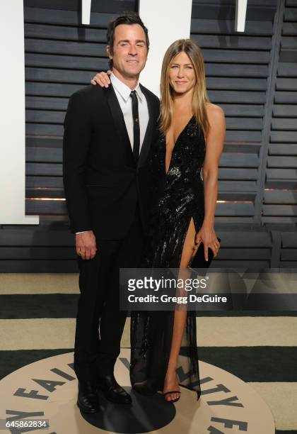 Actors Jennifer Aniston and Justin Theroux arrive at the 2017 Vanity Fair Oscar Party Hosted By Graydon Carter at Wallis Annenberg Center for the...