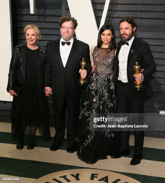 Actress J. Smith-Cameron, US writer Kenneth Lonergan, US actress Floriana Lima, and US actor Casey Affleck pose as they arrive to the Vanity Fair...