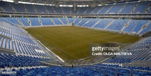 General view shows the pitch at the new football stadium at Krestovsky island, also known as the Zenit Arena in Saint Petersburg on February 27,...