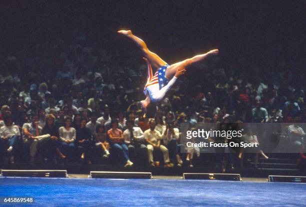 Gymnast Mary Lou Retton of the United States competes in the floor exercise competition in gymnastics during the Games of the XXIII Olympiad in the...