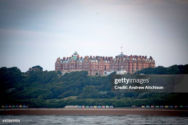 The iconic buildings of The Grand and The Metropole located on The Leas at the top of Radnor Cliff, Folkestone, Kent, England, United Kingdom. Within...