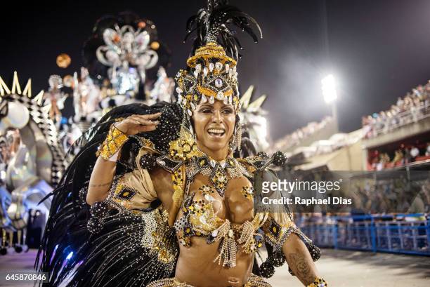Performer dances during Salgueiro performance at the Rio de Janeiro Carnival at Sambodromo on February 26, 2017 in Rio de Janeiro, Brazil.