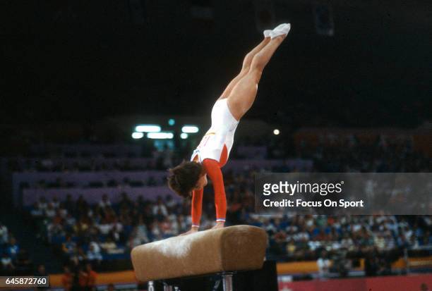 Gymnast Mary Lou Retton of the United States competes in the vault competition in gymnastics during the Games of the XXIII Olympiad in the 1984...