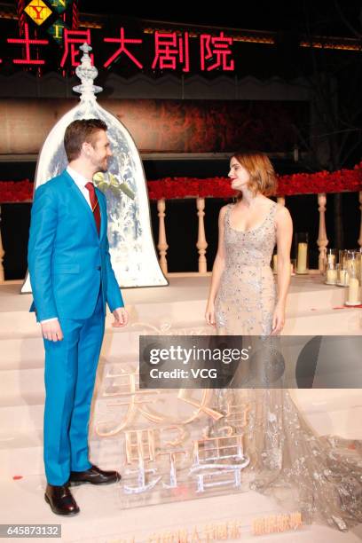 British actor Dan Stevens and British actress Emma Watson attend the premiere of American director Bill Condon's film "Beauty and the Beast" at Walt...