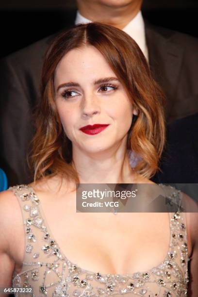 British actress Emma Watson attends the premiere of American director Bill Condon's film "Beauty and the Beast" at Walt Disney Theatre on February...