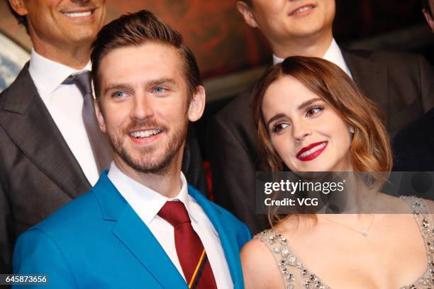 British actor Dan Stevens and British actress Emma Watson attend the premiere of American director Bill Condon's film "Beauty and the Beast" at Walt...