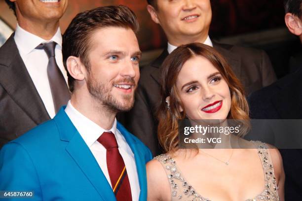 British actor Dan Stevens and British actress Emma Watson attend the premiere of American director Bill Condon's film "Beauty and the Beast" at Walt...