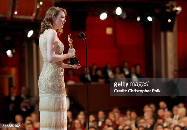 Actress Emma Stone accepts Best Actress for 'La La Land' onstage during the 89th Annual Academy Awards at Hollywood & Highland Center on February 26,...
