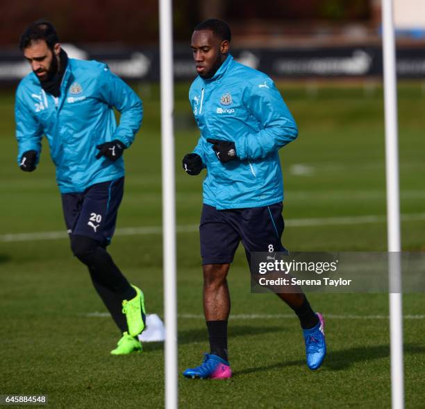 Vurnon Anita warms up during the Newcastle United Training Session at The Newcastle United Training Centre on February 27, 2017 in Newcastle upon...