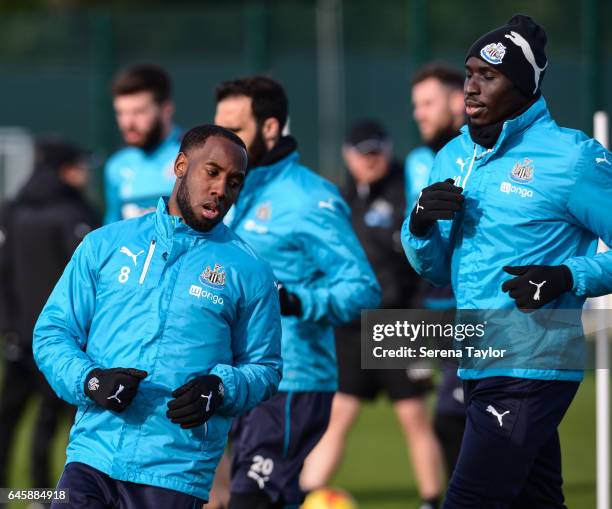 Vurnon Anita warms up during the Newcastle United Training Session at The Newcastle United Training Centre on February 27, 2017 in Newcastle upon...