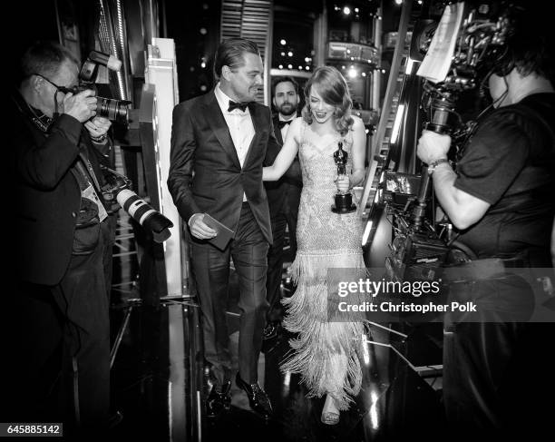 Actor Leonardo DiCaprio and actress Emma Stone, winner of Best Actress for 'La La Land' backstage during the 89th Annual Academy Awards at Hollywood...