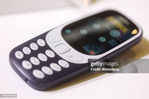 Nokia 3310 mobile phone, manufactured by HMD Global Oy, sits on display on the opening day of the Mobile World Congress in Barcelona, Spain, on...