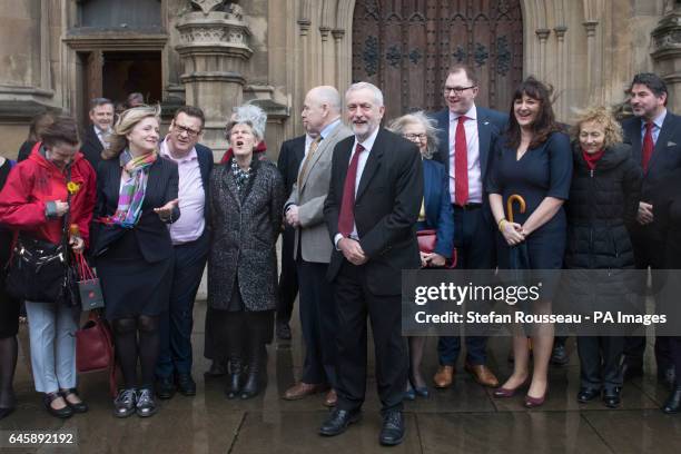 Labour Party leader Jeremy Corbyn greets new Labour MP for Stoke-on-Trent Central, Gareth Snell, as he arrives at the House of Commons, London, to...