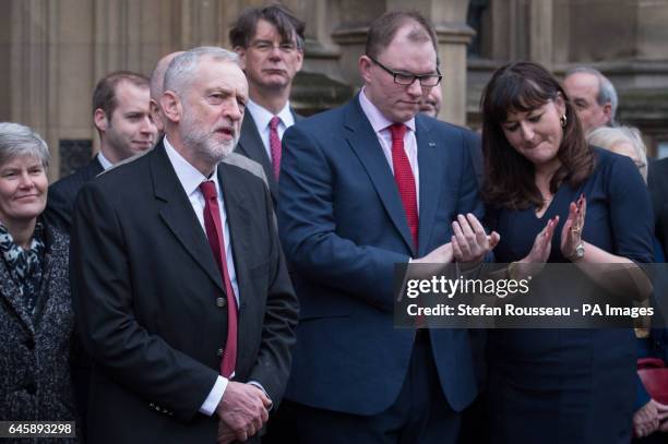 Labour Party leader Jeremy Corbyn and Stoke on Trent North MP Ruth Smeeth greets new Labour MP for Stoke-on-Trent Central, Gareth Snell, as he...