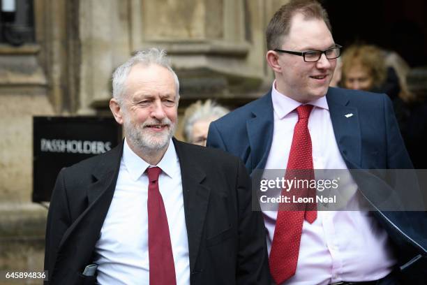 Labour Party leader Jeremy Corbyn welcomes the new Labour MP for Stoke Gareth Snell outside the Houses of Parliament on February 27, 2017 in London,...