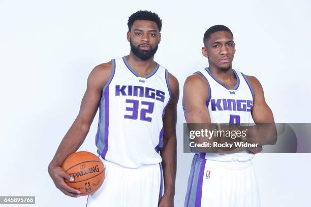 Tyreke Evans and Langston Galloway of the Sacramento Kings pose for a photo on February 24, 2017 at the Golden 1 Center in Sacramento, California....