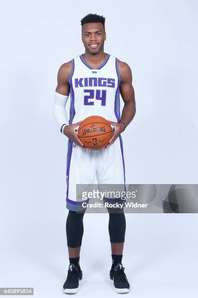 Buddy Hield of the Sacramento Kings poses for a photo on February 24, 2017 at the Golden 1 Center in Sacramento, California. NOTE TO USER: User...