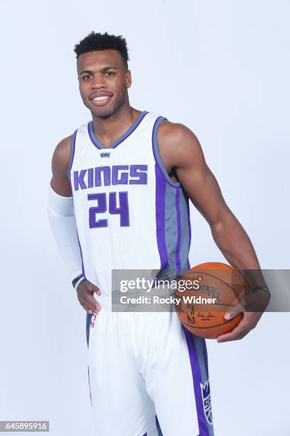 Buddy Hield of the Sacramento Kings poses for a photo on February 24, 2017 at the Golden 1 Center in Sacramento, California. NOTE TO USER: User...