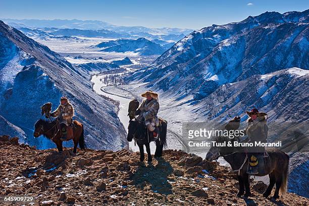 mongolia, bayan-olgii, eagle hunter - altaigebirge stock-fotos und bilder