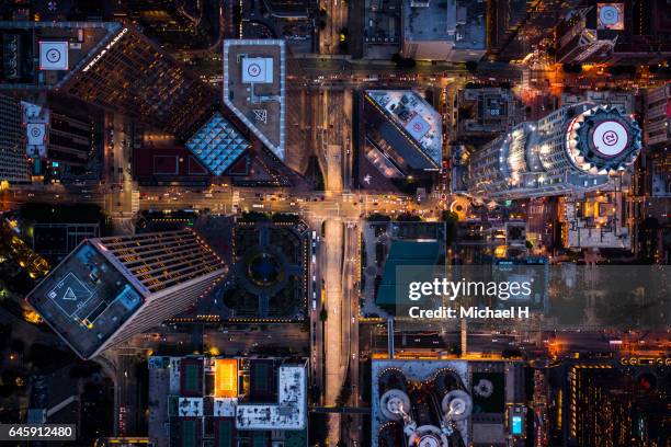 aerial view of illuminated los angeles downtown. - luftverkehrseinrichtung stock-fotos und bilder