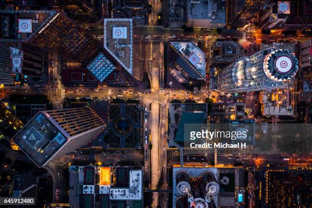 aerial view of illuminated los angeles downtown. - city of los angeles stockfoto's en -beelden