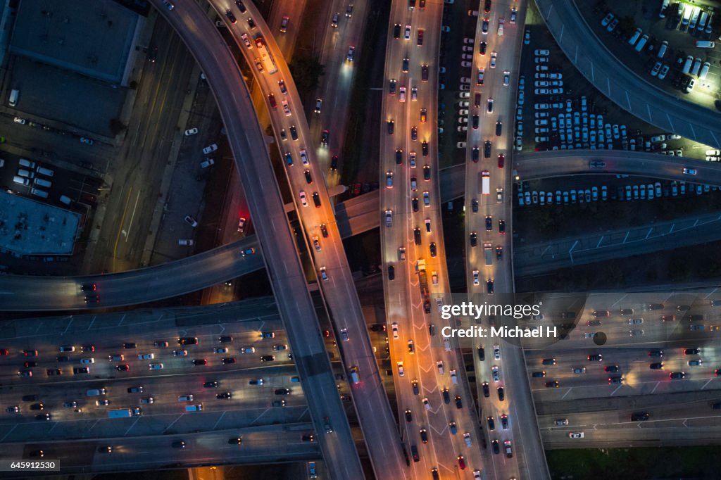 Aerial view of Los Angeles arterial roads at twilight time