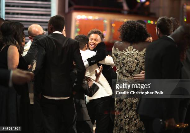 Actors Alex R. Hibbert and Ashton Sanders and the cast of Moonlight onstage during the 89th Annual Academy Awards at Hollywood & Highland Center on...