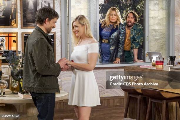 And the Baby and Other Things" -- Pictured: Bobby , Caroline Channing , Sophie and Oleg . When Caroline encourages Bobby's sister, Denise , to quit...