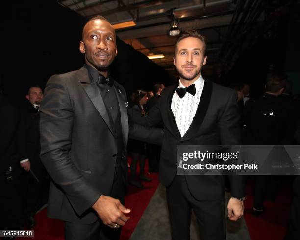 Actors Mahershala Ali and Ryan Gosling backstage during the 89th Annual Academy Awards at Hollywood & Highland Center on February 26, 2017 in...