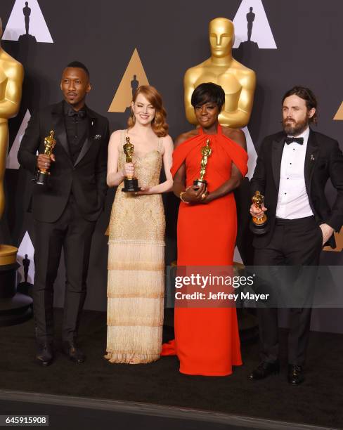 Actors Mahersala Ali, winner of the award for Actor in a Supporting Role for 'Moonlight,' Emma Stone, winner of the award for Actress in a Leading...