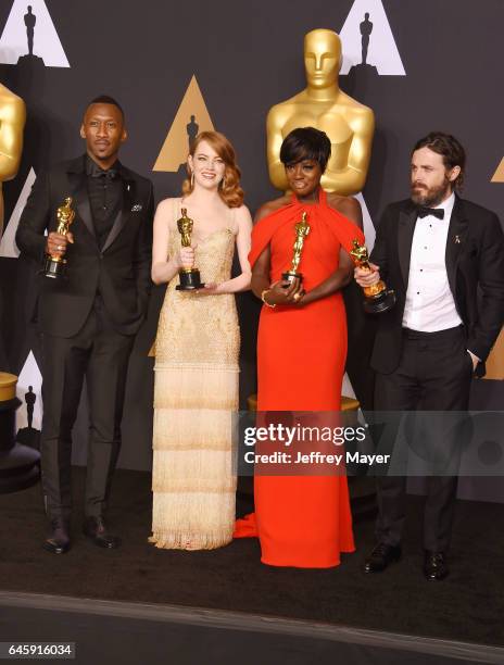 Actors Mahersala Ali, winner of the award for Actor in a Supporting Role for 'Moonlight,' Emma Stone, winner of the award for Actress in a Leading...