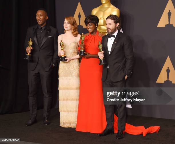 Actors Mahersala Ali, winner of the award for Actor in a Supporting Role for 'Moonlight,' Emma Stone, winner of the award for Actress in a Leading...