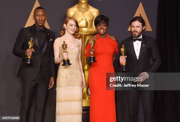 Actors Mahersala Ali, winner of the award for Actor in a Supporting Role for 'Moonlight,' Emma Stone, winner of the award for Actress in a Leading...