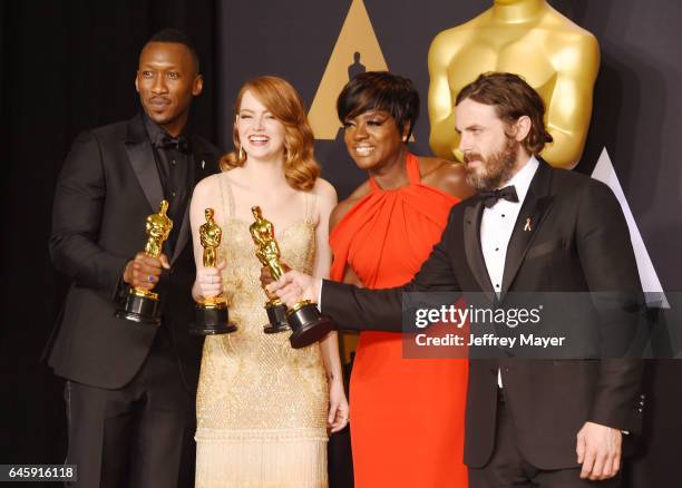 Actors Mahersala Ali, winner of the award for Actor in a Supporting Role for 'Moonlight,' Emma Stone, winner of the award for Actress in a Leading...