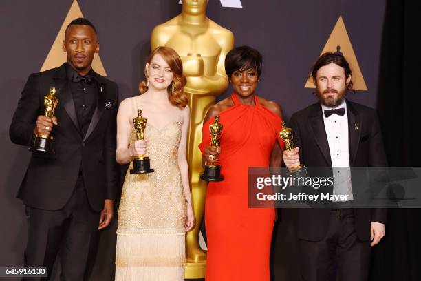 Actors Mahersala Ali, winner of the award for Actor in a Supporting Role for 'Moonlight,' Emma Stone, winner of the award for Actress in a Leading...