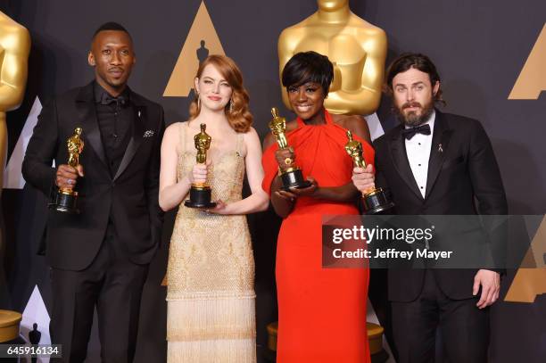 Actors Mahersala Ali, winner of the award for Actor in a Supporting Role for 'Moonlight,' Emma Stone, winner of the award for Actress in a Leading...