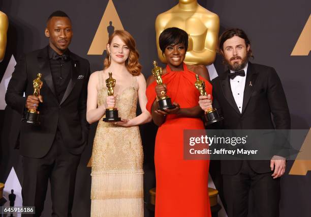 Actors Mahersala Ali, winner of the award for Actor in a Supporting Role for 'Moonlight,' Emma Stone, winner of the award for Actress in a Leading...