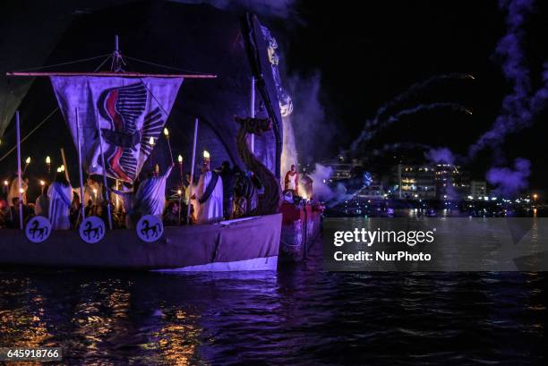 Carnival celebration in Chalkida, on February 26, 2017. Topic of the second carnival by sea was the clash of the Titans of Greek mythology. Zeus and...