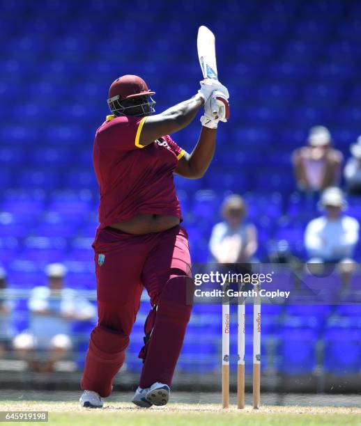 Rahkeem Cornwall of WICB President's XI bats during the tour match between WICB President's XI and England at Warner Park on February 26, 2017 in...
