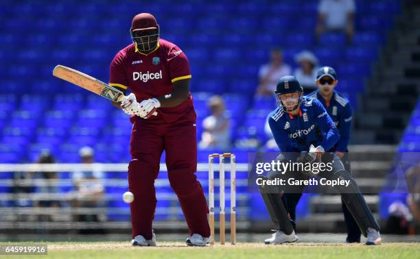 Rahkeem Cornwall of WICB President's XI bats during the tour match between WICB President's XI and England at Warner Park on February 26, 2017 in...
