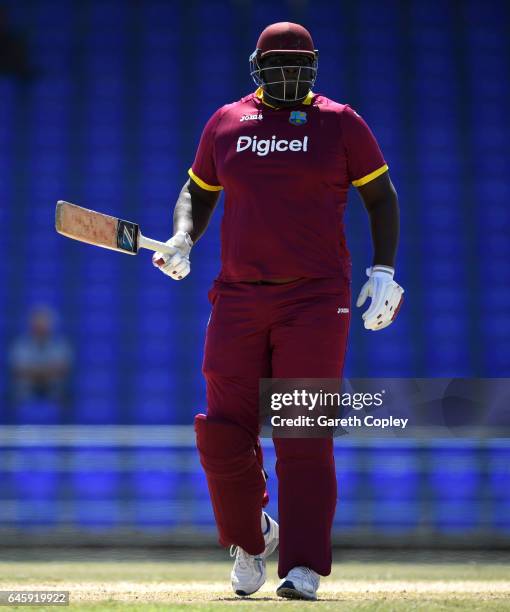 Rahkeem Cornwall of WICB President's XI during the tour match between WICB President's XI and England at Warner Park on February 26, 2017 in...