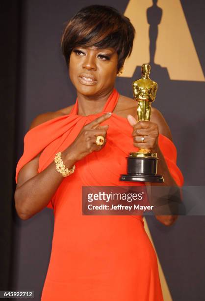 Actress Viola Davis, winner of the award for Actress in a Supporting Role for 'Fences,' poses in the press room during the 89th Annual Academy Awards...