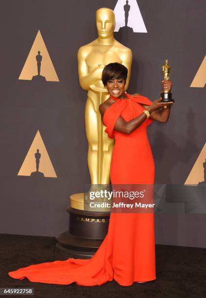 Actress Viola Davis, winner of the award for Actress in a Supporting Role for 'Fences,' poses in the press room during the 89th Annual Academy Awards...