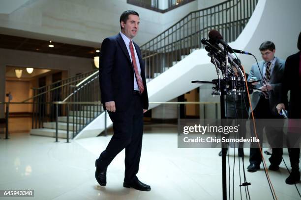 House Permanent Select Committee on Intelligence Chairman Devin Nunes walks out to talk to reporters outside the committee's secure meeting room in...