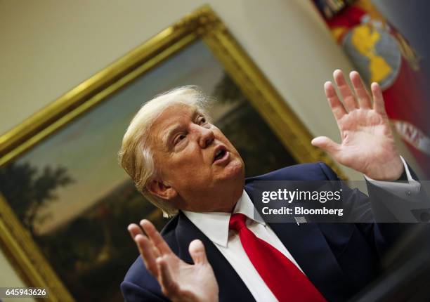 President Donald Trump speaks during a listening session with health insurance company executives in the Roosevelt Room of the White House, in...