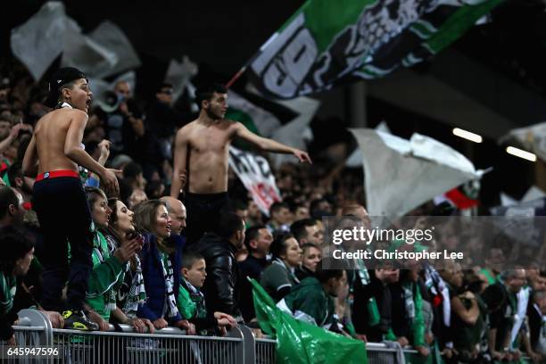 Saint-Etienne fans during the UEFA Europa League Round of 32 second leg match between AS Saint-Etienne and Manchester United at Stade...