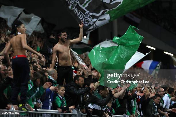 Saint-Etienne fans during the UEFA Europa League Round of 32 second leg match between AS Saint-Etienne and Manchester United at Stade...